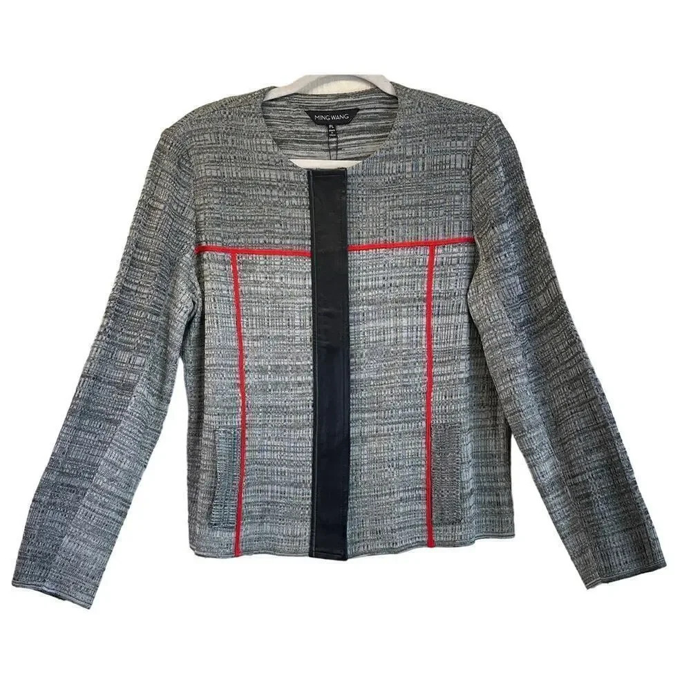 Ming Wang Womens Pl Gray/White Full Zipper Career Knit Jacket